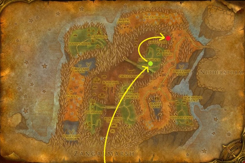 If you fly to Evergrove, you'll arrive at the green dot.  Fly to the red dot in the valley to make it to Gruul's Lair.