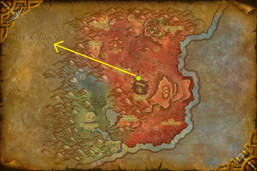 The green dot is where portals to the Dark Portal will take you.  Follow the yellow arrow to the west-northwest to reach Karazhan.
