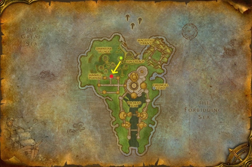 The green dot is where the portal to Quel'Danas will take you.  The red dot is the raid portal.
